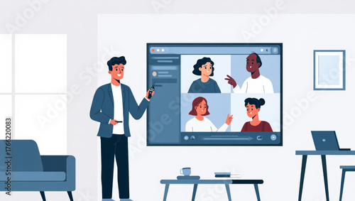 Man presenting to a virtual team meeting on a large screen