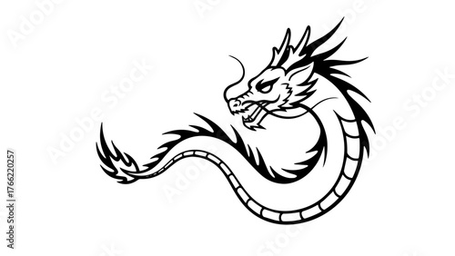 A fierce, serpentine dragon is dynamically coiled in this striking black and white tribal-style vector illustration