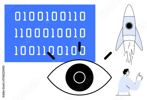 Binary code panel, large eye, ascending rocket, and pointing figure highlight themes of technology, innovation. Ideal for analytics, AI, vision, space exploration data science innovation