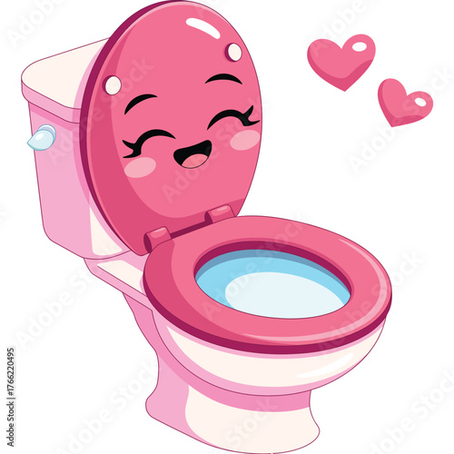Happy Pink Toilet with Hearts - Cute Kawaii Bathroom Illustration
