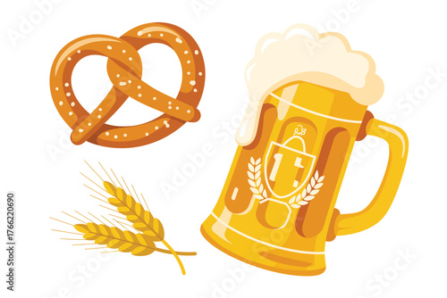 Oktoberfest Beer Mug, Pretzel, and Wheat Illustration - German Festival Symbols