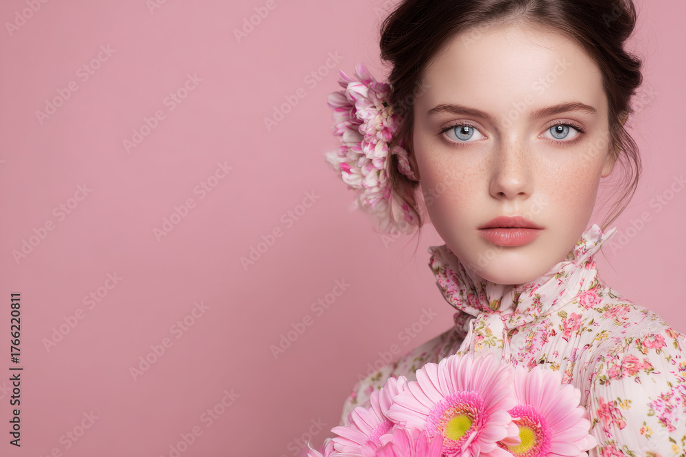 Fototapeta premium Fashion model with flowers poses against pastel pink background, showcasing beauty and elegance. soft colors enhance serene atmosphere