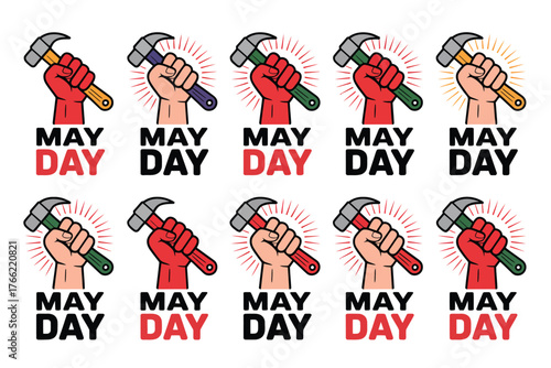 May Day Celebration with Hands Holding Hammers Vector Illustration Pattern