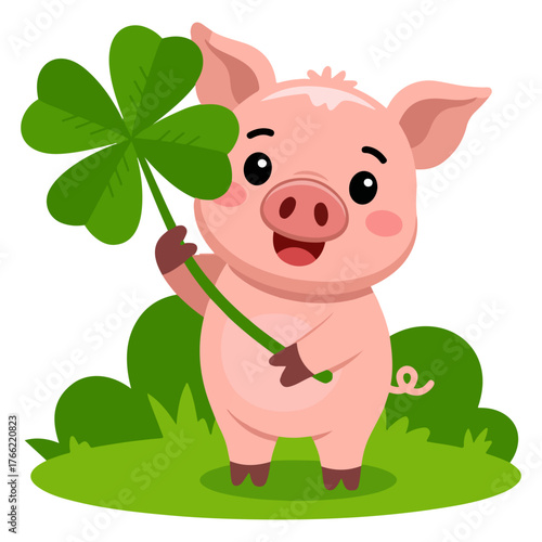 A charming piglet holding a four-leaf clover, representing luck and good fortune. This adorable illustration captures a feeling of optimism and the promise of a bright future