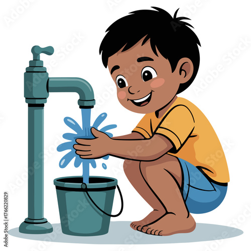 Young boy washing his hand from the water tap, saving the environment and conserving resources