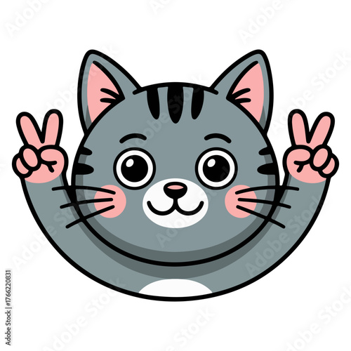 A cute cartoon cat displaying a peace sign with each hand, with a happy expression on its face. The cat features a gray coat with black stripes and pink accents
