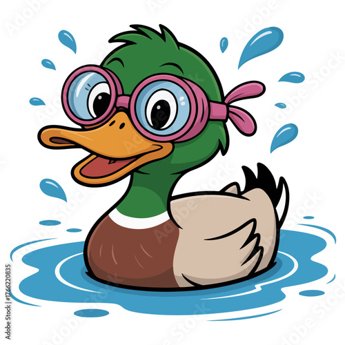 A cartoon duck with a green head wearing goggles floating in water. Splashes of water around it adds to the lively scene