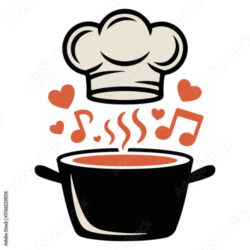 A cartoon of cooking pot with music notes, chef hat and heart symbol floating above