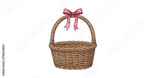 Wicker basket with a pink bow perfect for carrying items.