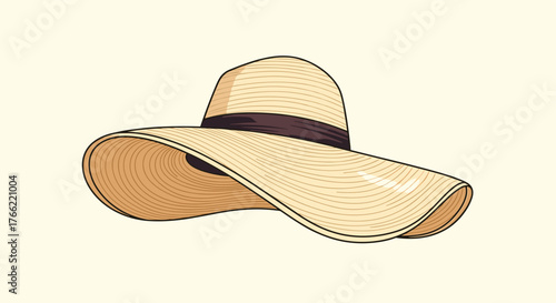 Elegant Straw Sun Hat with Wide Brim and Dark Ribbon.