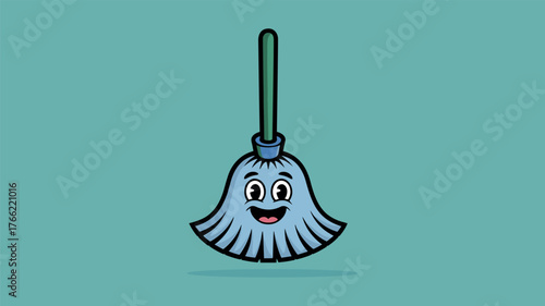 Cheerful Mop Character with Smiling Face on Teal Background