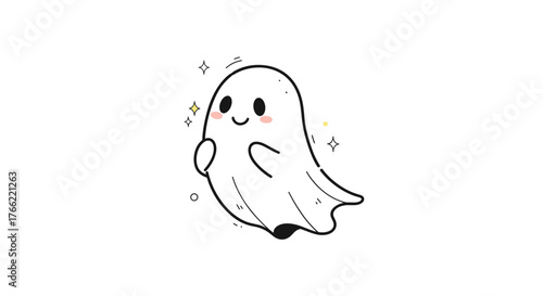 Cute cartoon ghost with a friendly expression and sparkling stars.