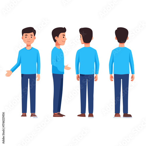 Flat young man in different positions 2D illustration vector. happy boy in standing pose. front, back, 3/4 view animated character, quarter view