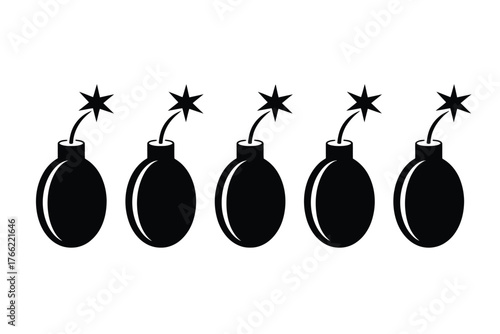 Row of Five Cartoon Bombs with Lit Fuses - Danger and Urgency Concept Illustration