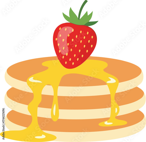 Delicious stack of pancakes topped with fresh strawberry and golden syrup ideal for breakfast food graphics vector