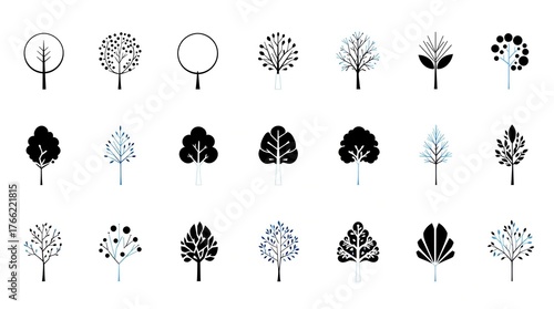 Collection of twenty-four minimalist tree icons, varying in style, shape, and leaf density, presented in black and white with occasional light-blue accents