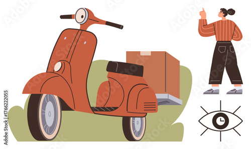 Red scooter with rear box, woman pointing upward, clock and eye motif. Ideal for delivery, speed, punctuality, logistics, direction insight efficiency concepts. Simple flat metaphor