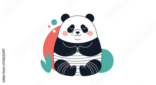 Cute Cartoon Panda Sitting with Colorful Abstract Shapes.