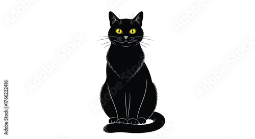 Elegant Black Cat with Piercing Yellow Eyes Sitting Upright.