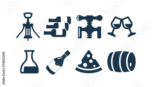 Wine and Gourmet Food Silhouette Vector Icon Set. Collection of Dark Blue Glyphs Representing Winemaking, Serving, and Drinking Accessories