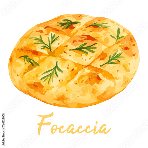 focaccia in watercolor illustration style, isolated vector on transparent background