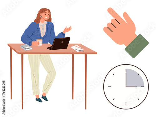 Woman at desk with laptop and coffee, pointing hand symbol and clock illustrating time management. Ideal for productivity, meeting, planning, time, efficiency, multitasking decision-making. Simple