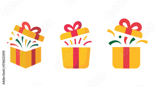 Three flat design gift boxes with confetti and ribbons