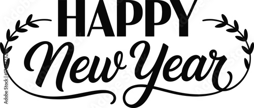 Happy New Year text with decorative laurel wreath