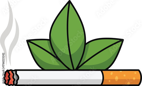 Healthy smoking concept hand drawn illustration green leaves cigarette smoke icon representing addiction and wellness contrast vector