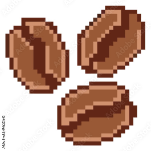 Pixel coffee beans vector. Ideal for food, beverage, and cafe themes. This digital graphic is perfect for game, retro game, or 8 bit design projects and assets.
