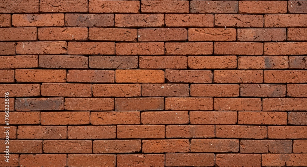 Obraz premium Textured background showing a detailed surface of weathered red clay bricks laid in traditional running bond masonry pattern for rustic design ,red ,clay ,pattern