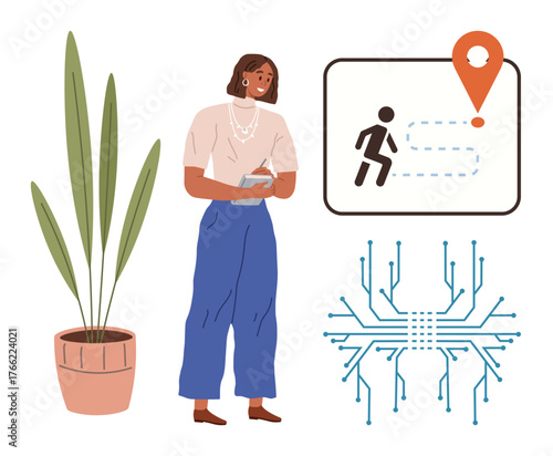Woman holding clipboard near plant, pathfinding board, and circuit design. Ideal for planning, strategy, navigation, growth, technology future trends organization. Simple flat metaphor