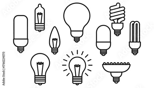 Diverse Light Bulb and Illumination Line Art Vector Icon Set. Outline Collection of Various Lamps Including Incandescent, LED, CFL, and Filament Styles Representing Ideas, Energy
