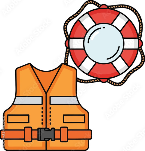 Life vest and ring buoy safety equipment for water sports and boating adventure illustration vector
