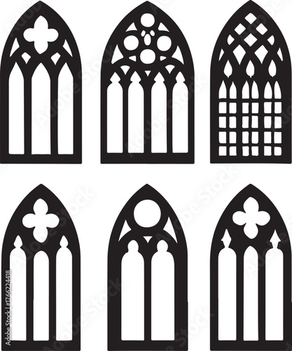 set of 6 gothic window silhouettes in filled black on a crisp white background.