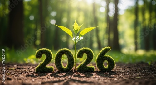 Green plant sprout from fertile earth beside moss-covered '2026' numbers, symbolizing environmental growth, sustainable future, and nature's renewal