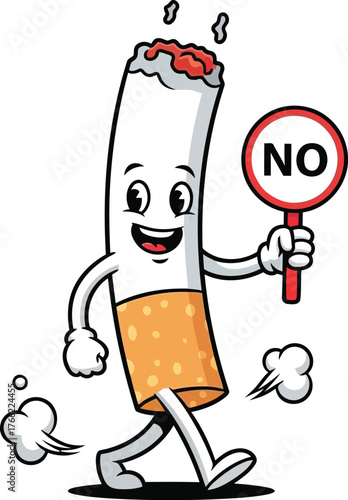 Cartoon cigarette character walks with stop sign promoting no smoking healthy lifestyle concept vector