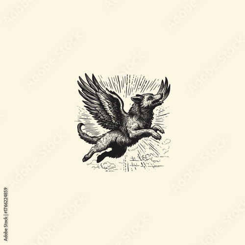 vintage engraving illustration of a happy winged dog, flying in the sky