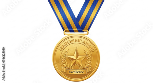 Golden leadership award medal with blue and gold ribbon symbol of excellence, achievement, and recognition for outstanding performance
