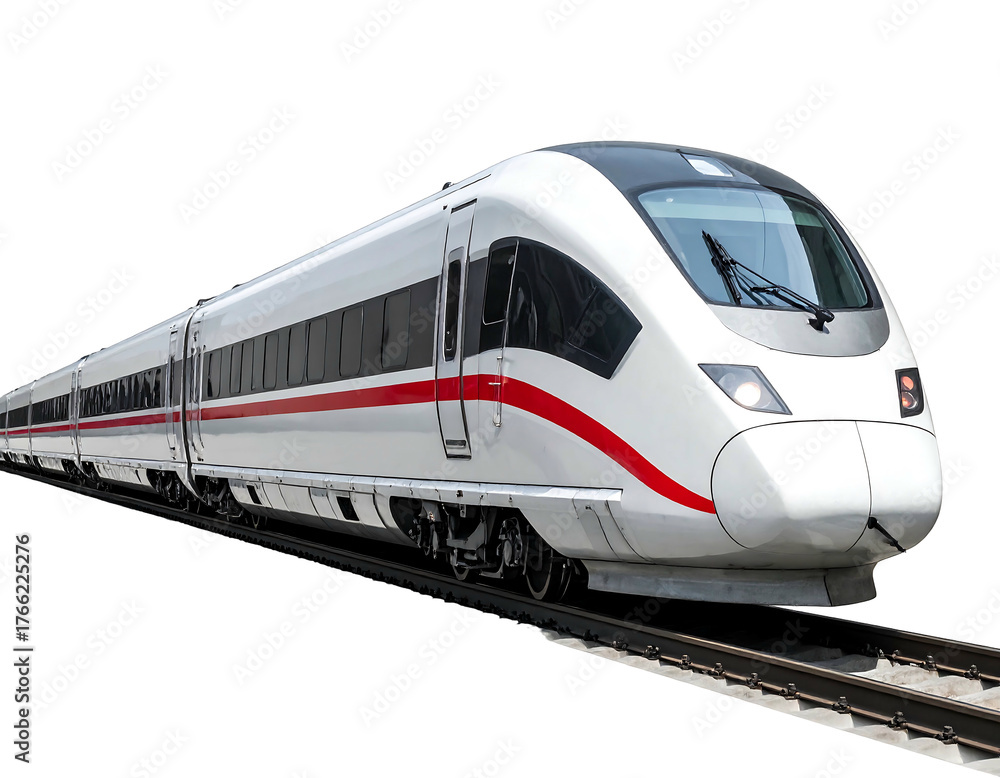 Naklejka premium Modern white train with a red stripe speeding along the track