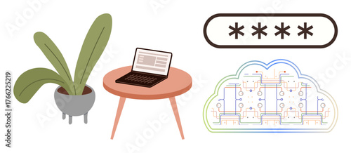 Laptop on desk beside potted plant, cloud network diagram, password security. Ideal for cybersecurity, technology, digital work, privacy, cloud computing, secure workspaces simple flat metaphor