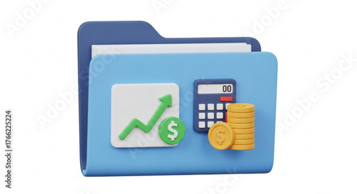 A blue folder with a graph, calculator, and coins, representing financial growth, investment, and accounting in a 3d render