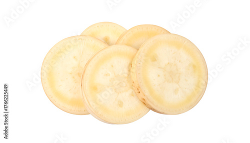 Sliced parsnip vegetable pieces, round and creamy white in color, stacked on top of each other, transparent png