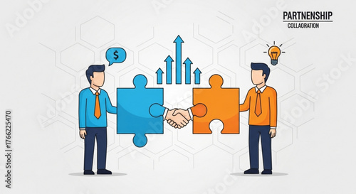 Business partnership and collaboration concept two business people shaking hands with puzzle pieces and growth chart teamwork, cooperation, and success