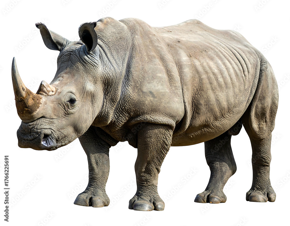 Fototapeta premium Massive, grey rhino isolated. Details in skin texture with large horns. Striking