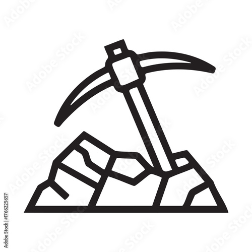 Simple line art icon of a pickaxe in rocks