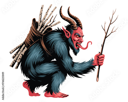 Krampus Illustration: Festive Winter Demon with Birch Branches for Holiday Folklore