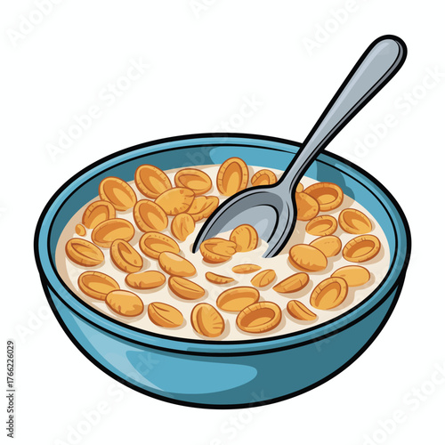 Cartoon Bowl of Cereal with Milk and Spoon for Breakfast