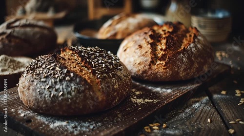 Crusty artisan sourdough loaf with sunflower seed topping wooden board rustic seeded sourdough bread loaf with flour dusting artisan sourdough loaf