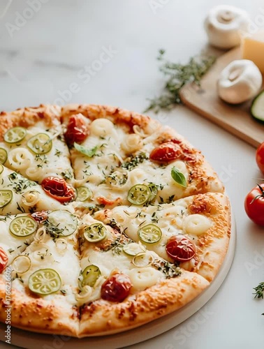 Fresh mozzarella pizza with cherry tomato, mushroom, zucchini and herb garnish, fresh pizza with melted cheese, cherry tomato, zucchini and herb